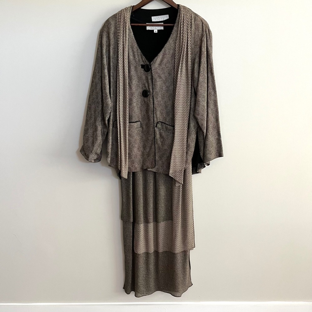 Dorothy Schoelen Platinum Dress Jacket Set Womens 10 Mixed Pattern Maxi Vintage